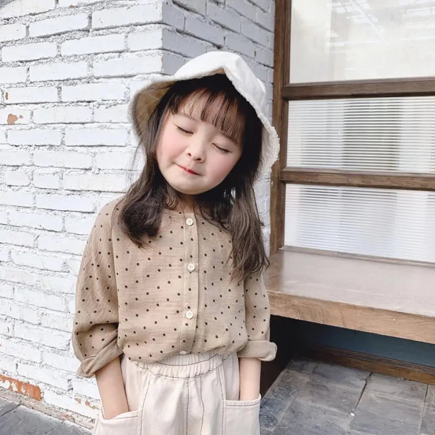 Хлопковая рубашка в горошек с длинными рукавами для маленьких девочек детские