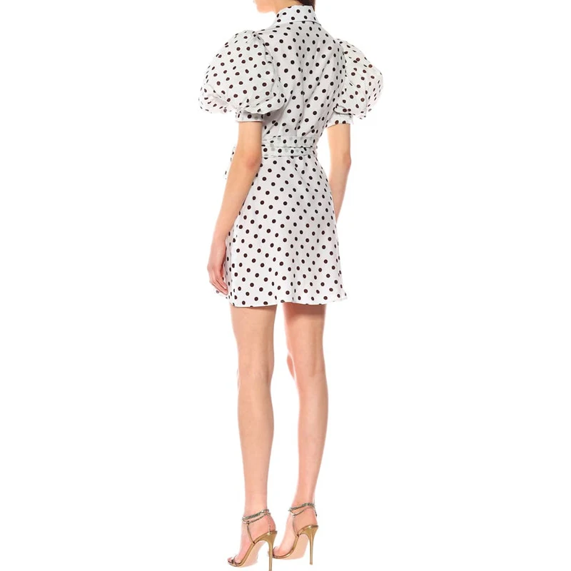 AEL Puff Sleeve Polka Dot Print Chiffon Dress Elegant Lace Up V Neck Women's Clothing With Belt Party Dress Summer
