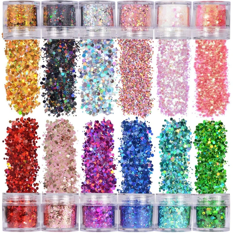 

12 Colors Mixed Holographic Makeup Chunky Glitter Face Body Eye Hair Nail Epoxy Resin Festival Chunky Hexagons Sequins