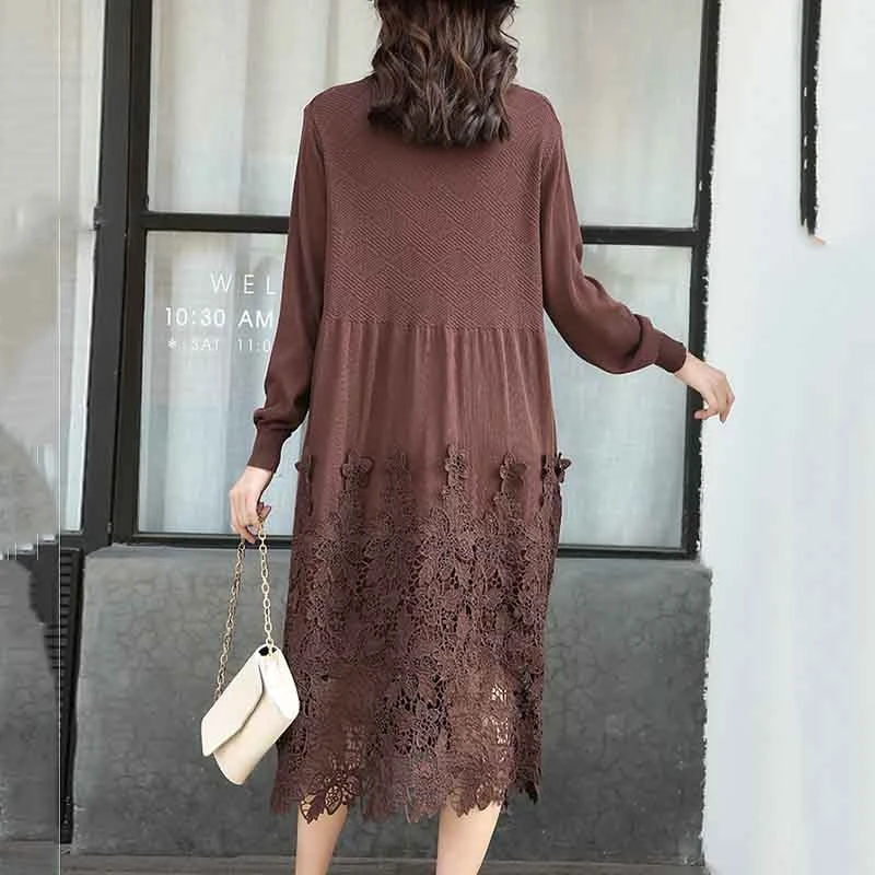 

SeeBeautiful Large Size Knitted Dress O Neck Long Sleeve Hollow Embroidery Stitching New Fashion Spring 2021 Women T866