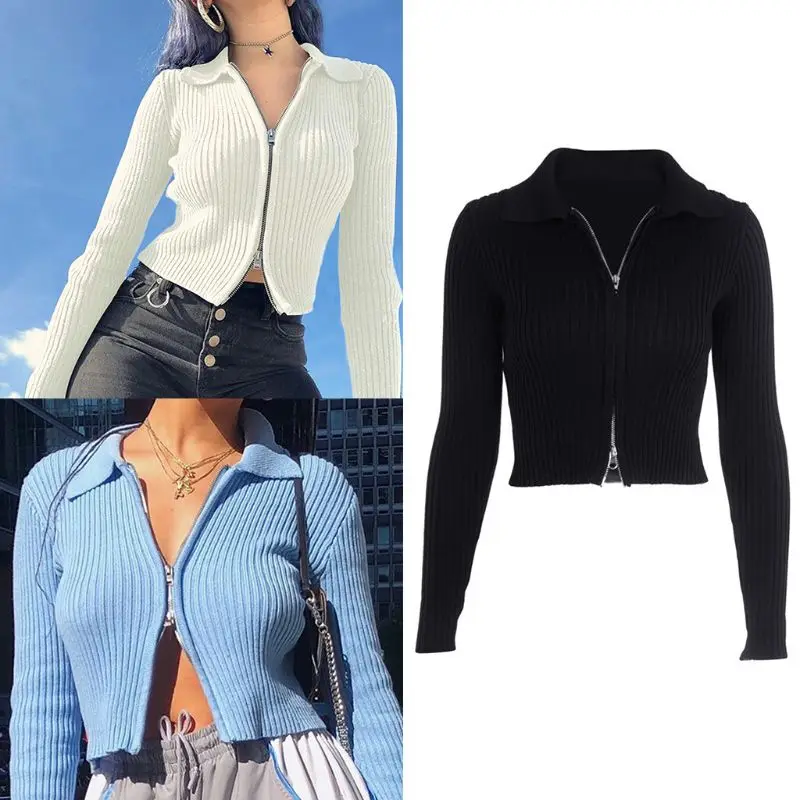 

Womens Autumn Long Sleeve Ribbed Knit Sweater Two-Way Zipper Sexy Bodycon Crop Top Solid Color Lapel Collar High Neck Coat