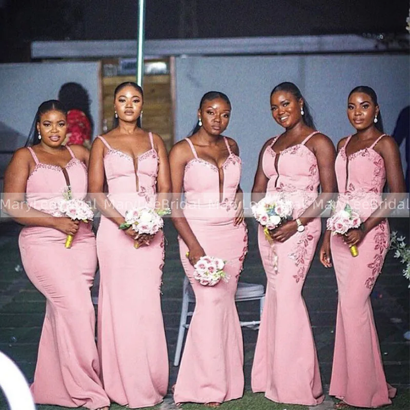 

Deep V-Neck Mermaid Bridesmaid Dresses Full Length Spaghetti Straps Pink Shiny Sequins Wedding Party Dress suknie dla druhen