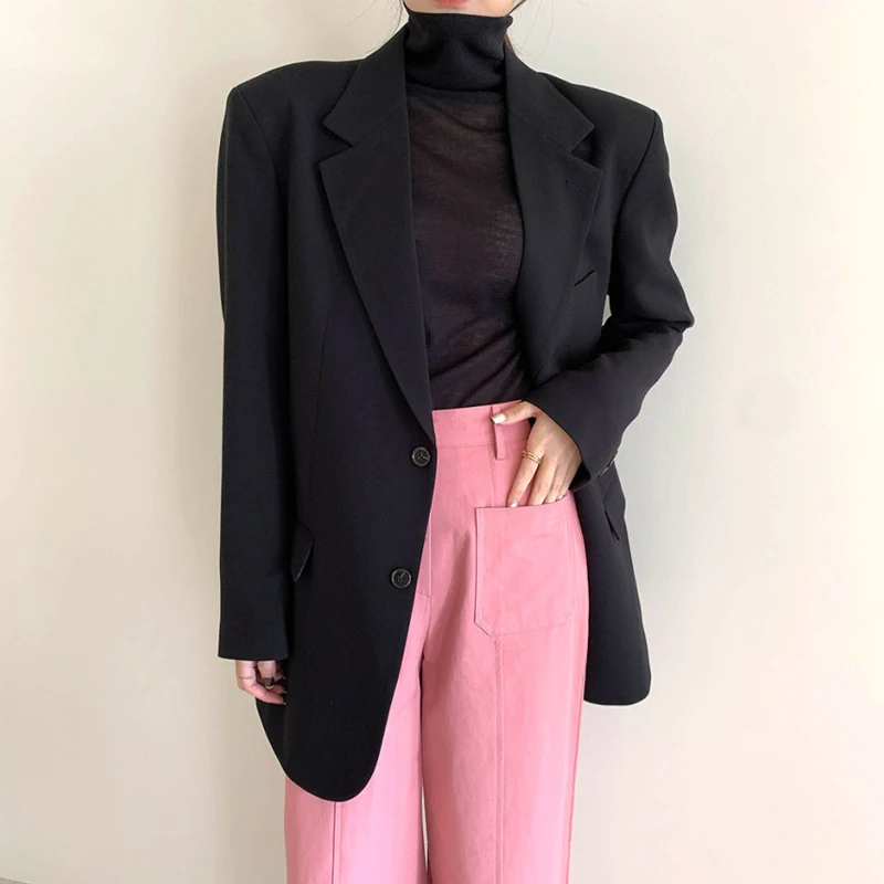 

Autumn Winter Office Lady Loose Blazer Women Long Sleeve Blazer Femenino Suit Jacket Casual 2021 Vintage Coat Black Suits