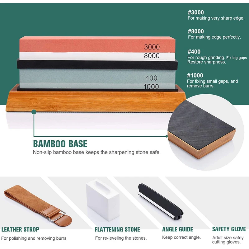 

With Angle Guide Leather Strop Wet Stone Set With Non-slip Bamboo Base Scissors Grinding Stone Kit for Chef Kitchen Tools Dual