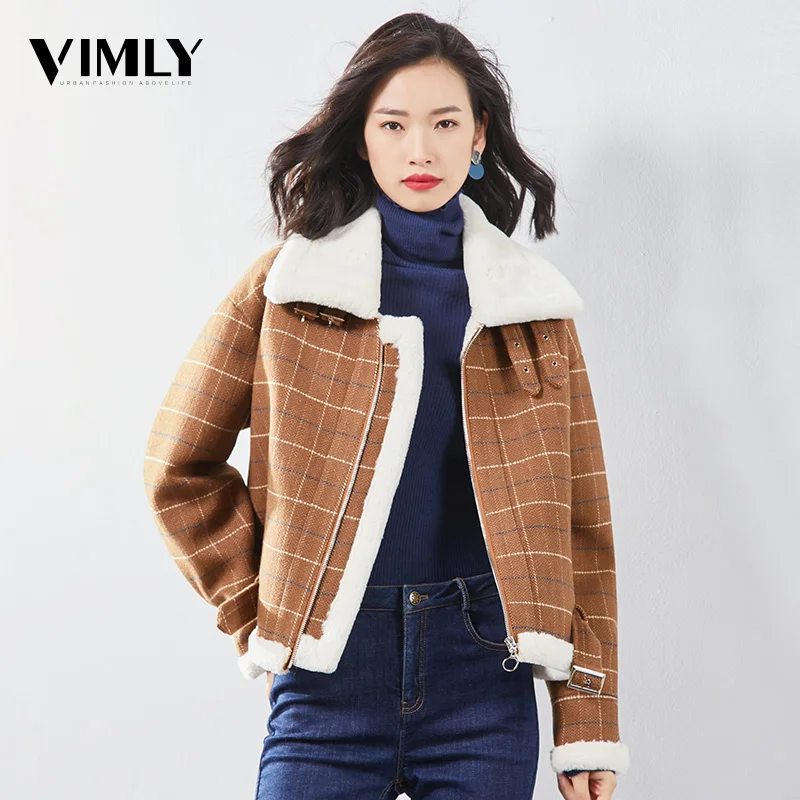 Vimly Женское шерстяное пальто в клетку карамельного цвета повседневное плотное