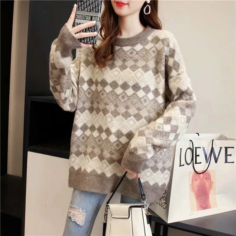 

Женский свитер в клетку, свободный утепленный пуловер в стиле ретро, Осень-зима 2020