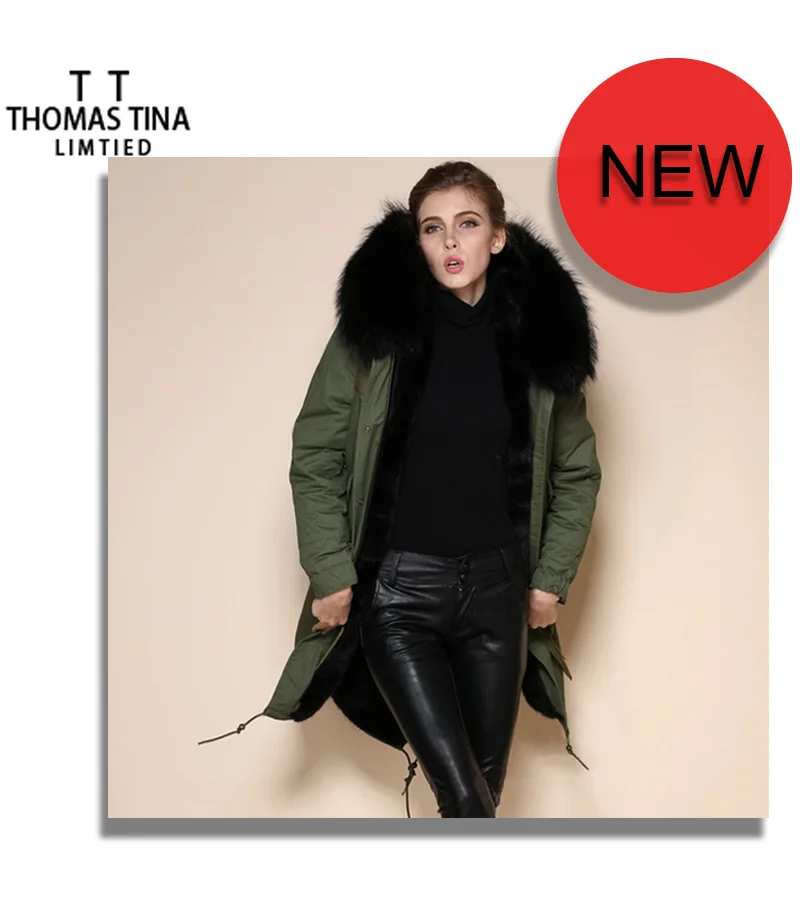 Thomas Tina Real fox Fur Coat Winter Jacket Women Long Parka Big Natural Raccoon Collar Hood Rabbit fur linner outwearing | Женская