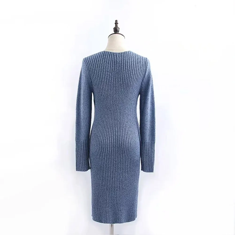 

Women Autumn Winter Knitted Cotton Skinny Sweater Dress V-neck Slim Bodycon Dress Elegant Grey Blue Sexy Party Designer Vestidos