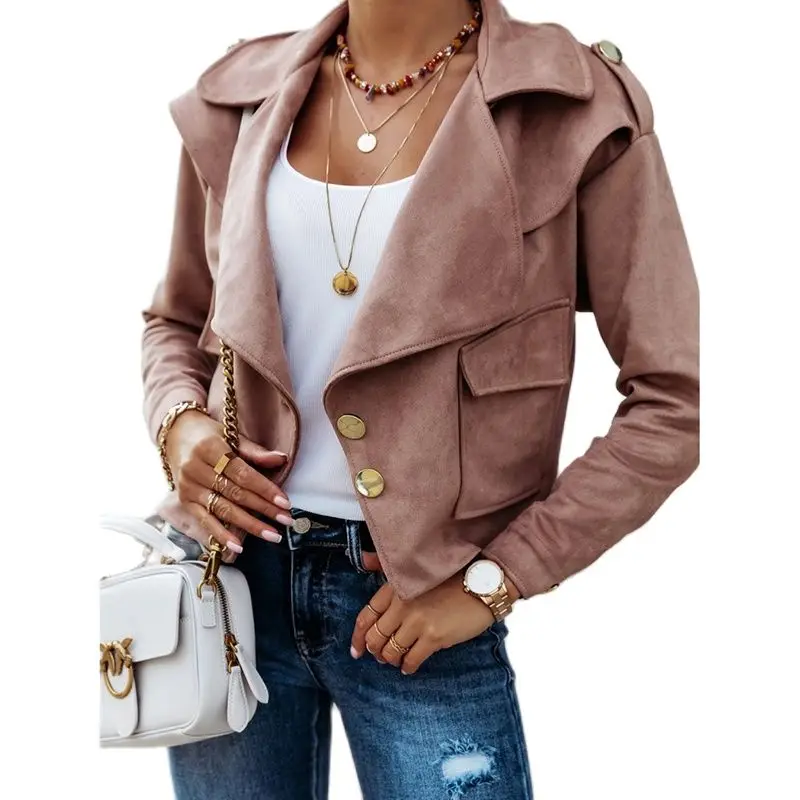 

Женская демисезонная куртка из оленьей кожи на пуговицах с длинными рукавами и лацканами, 2021