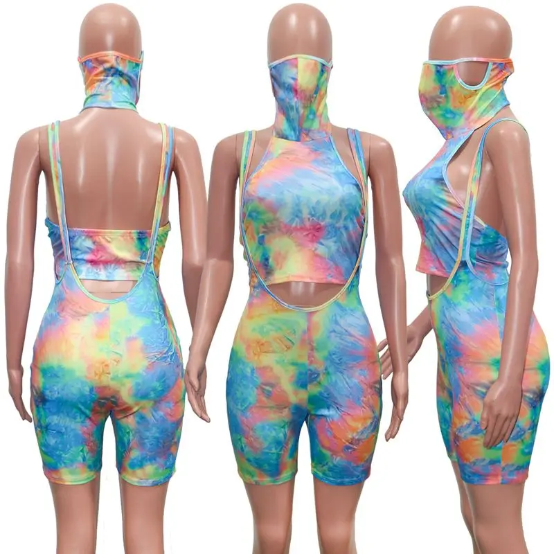 

ZKYZWX Tie Dye Two Piece Set Women Tracksuit Summer Clothes Matching Sets Crop Top Rompers Biker Shorts Sexy Club Outfits