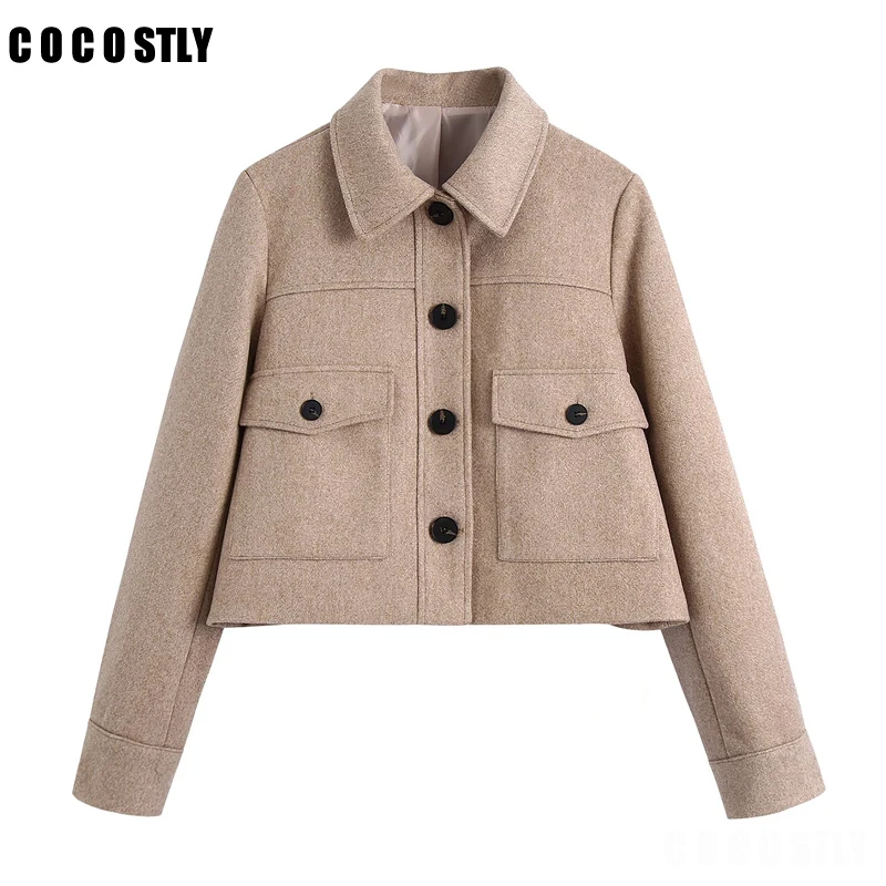 

Autumn Winter New Women's Jacket Vintage Warm Coat Woolen Loose Vintage Pockets Casual Button Short Jacket Female trf