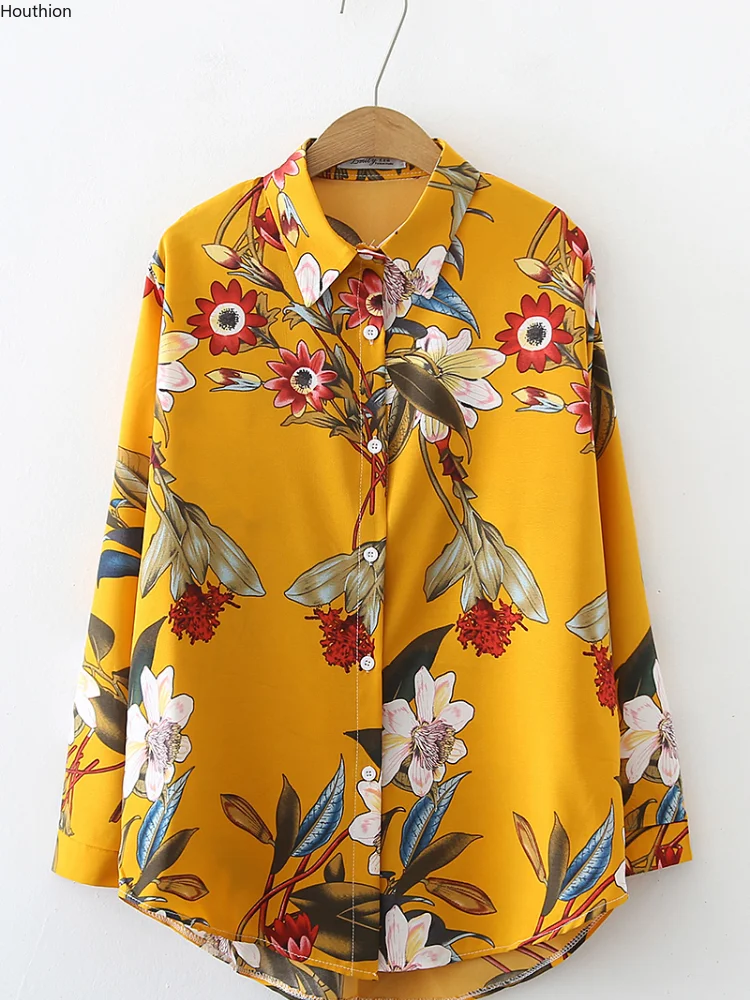 

Summer Women's Blouses Chiffon Polo Shirt Casual Loose Top Print Long Sleeve Lady Spring Clothing Houthion