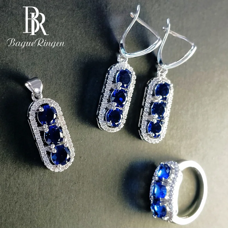 Bague Ringen, геометрическое серебро 925, ювелирные наборы для женщин, сапфир, рубин, аметист, изумруд, кольцо с камнями, серьги, ожерелье, вечерние
