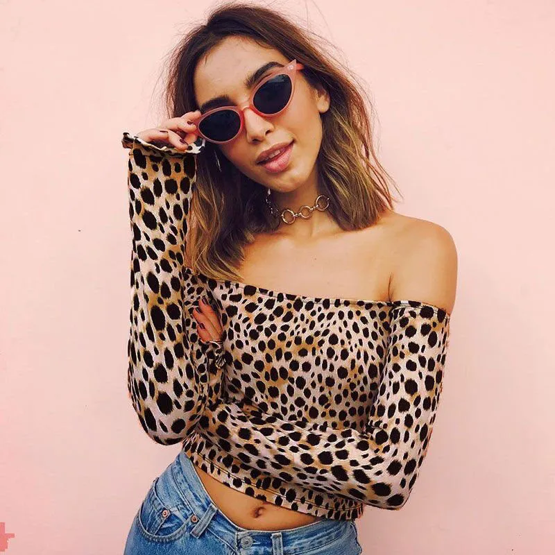 Trendy Women Blouse Off Shoulder Casual Slim pullover Shirts Leopard Print long sleeve Polyester Blouses one pieces | Женская одежда