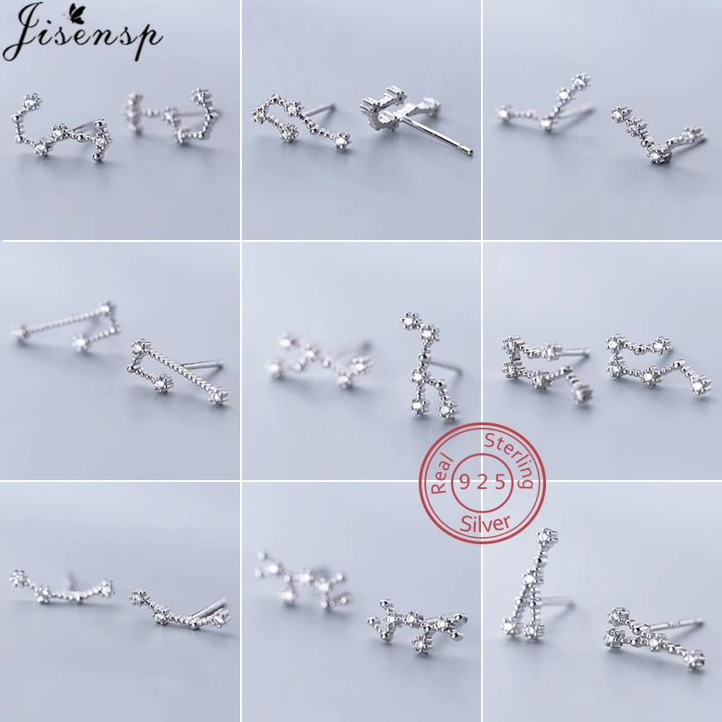 Personality Jewelry 925 Sterling Silver Constellation CZ Stud Earrings for Women Taurus Virgo Zodiac Sign Earings Piercing Punk