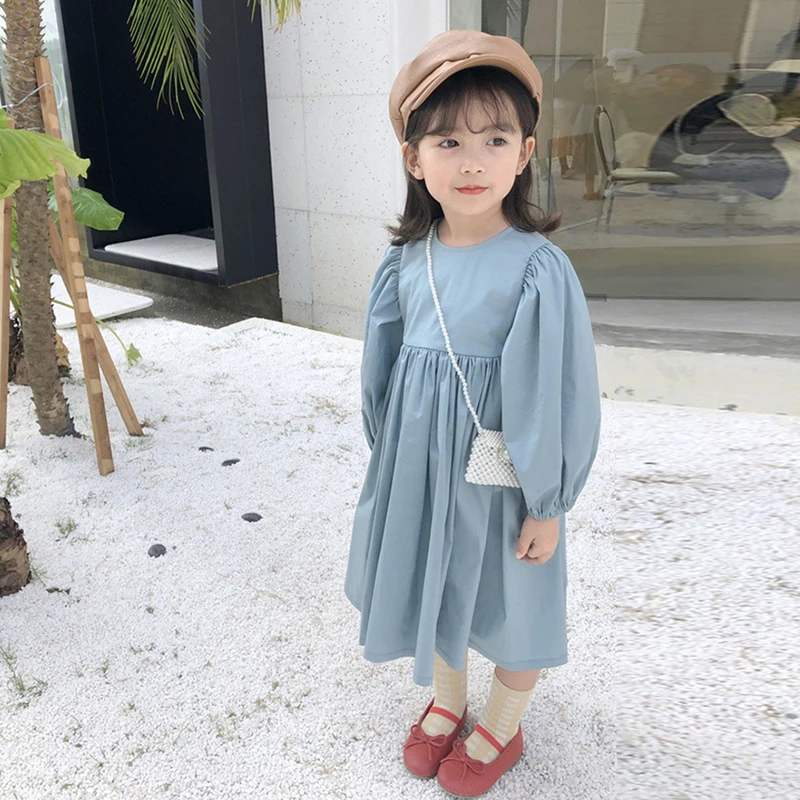 

Girls Puff Sleeve Korean Dress Autumn New Style Children's Long Sleeve Solid Color Casual Loose Pleated Dresses WTA41