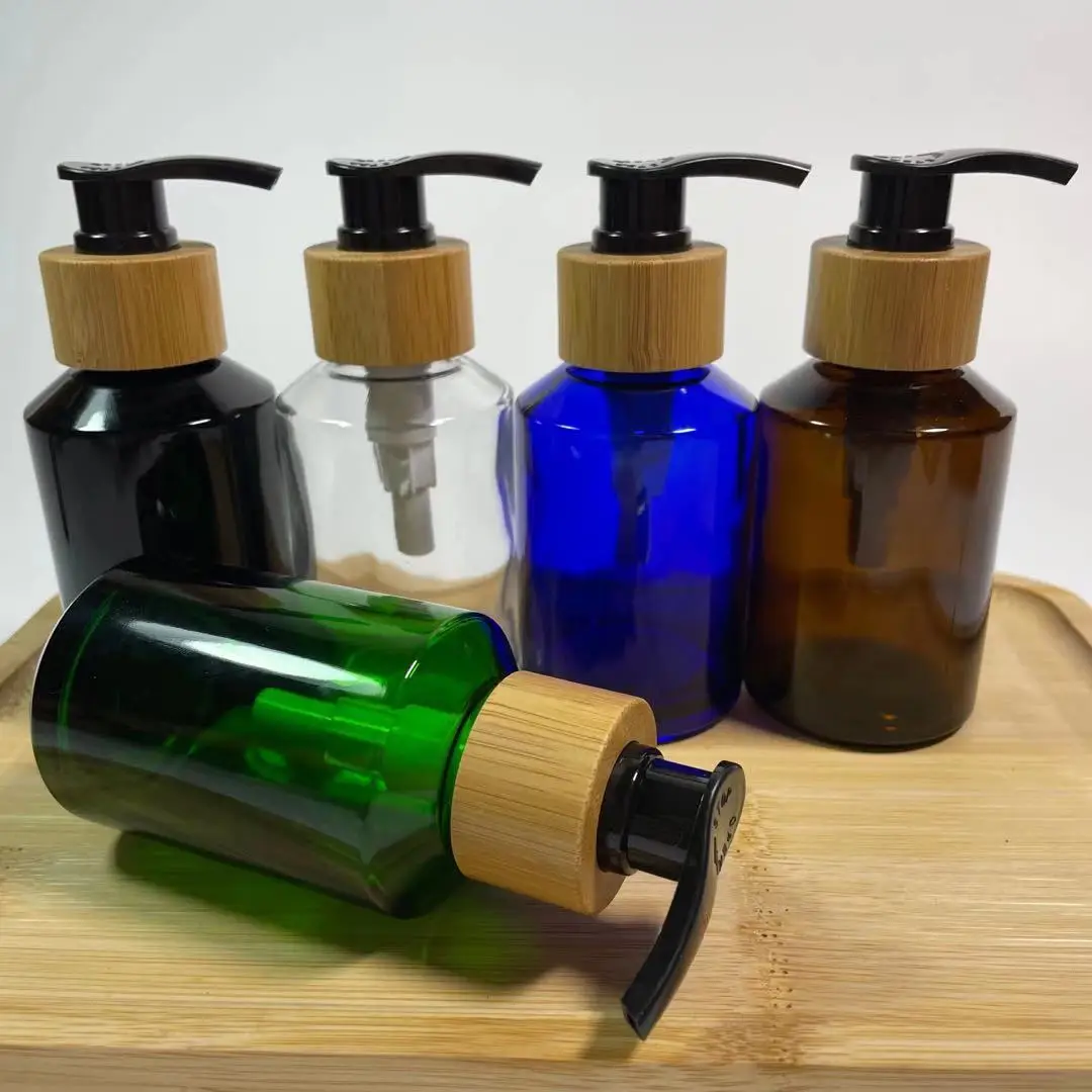 

Empty Skin Care Colorful Glass Practical Bottle Lotion Cream Jars With Bamboo Pump Lid Cosmetic Pacakging Container
