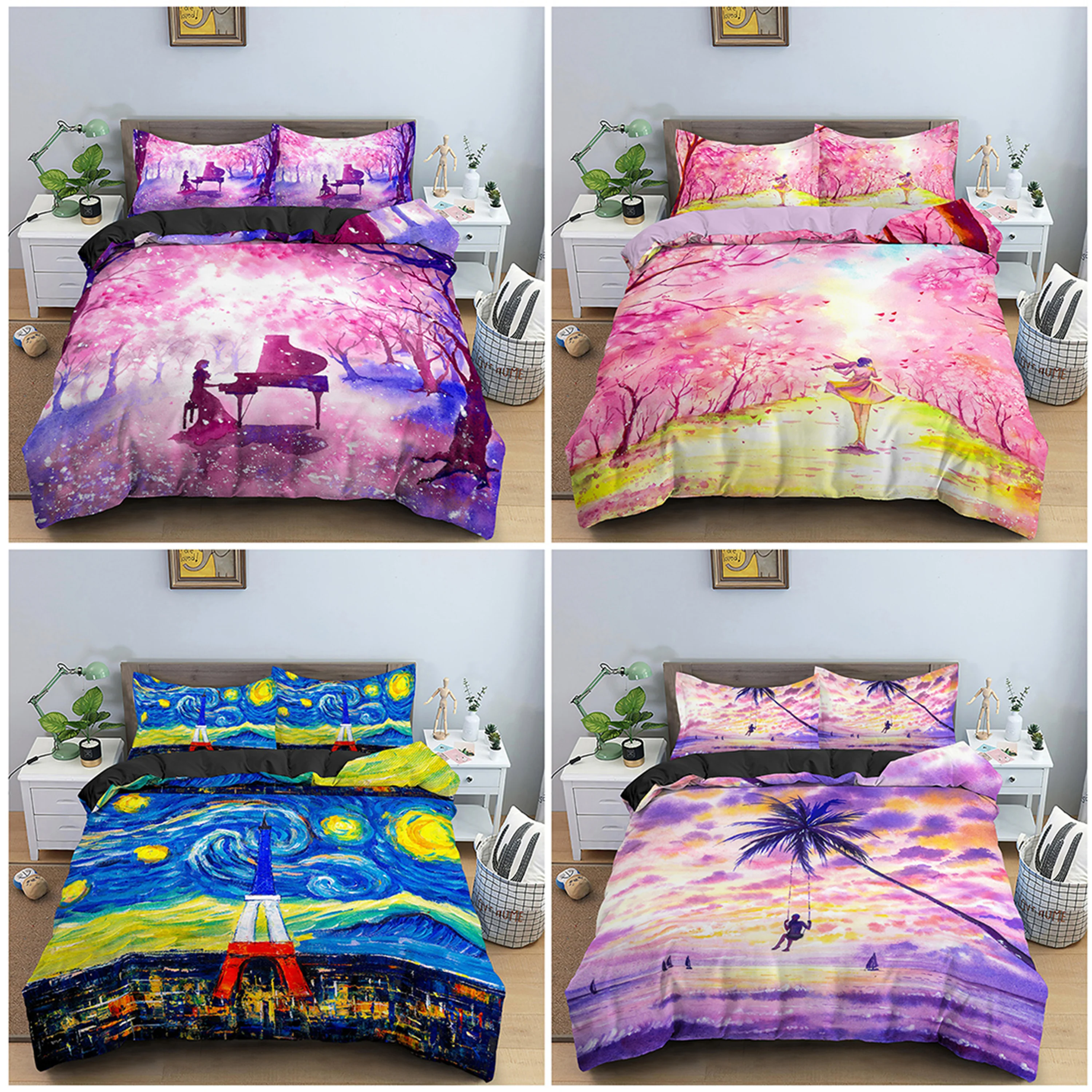 Комплект постельного белья с акварельным пейзажем комплект пододеяльником для