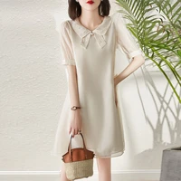 contrasting color embroidered bowknot doll collar can be sweet and salty loose and thin a line 2021 summer korean dress