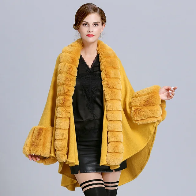 

2019 winter Europenew oversize loose imitation fox fur collar knit coat female bat sleeve cardigan shawl cloak jackets F205
