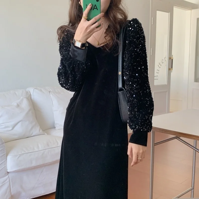 Платье с длинным рукавом корейское шикарное весеннее Новое модное вельветовое