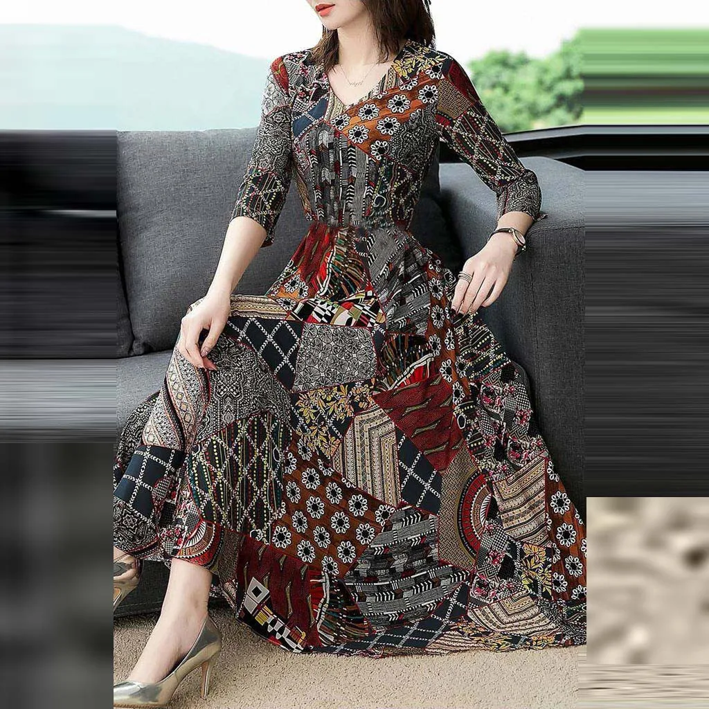 Maxi Dresses For Women Casual Loose V-Neck Three Quarter Sleeve Long Vintage Ladies Floral Print A-line Dress Sukienka | Женская одежда
