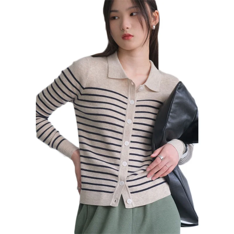 

Sweater Women Fall 2021 New Korean Polo Collar Gentle Temperament Striped Knit Cardigan Single-breasted Clothes T312