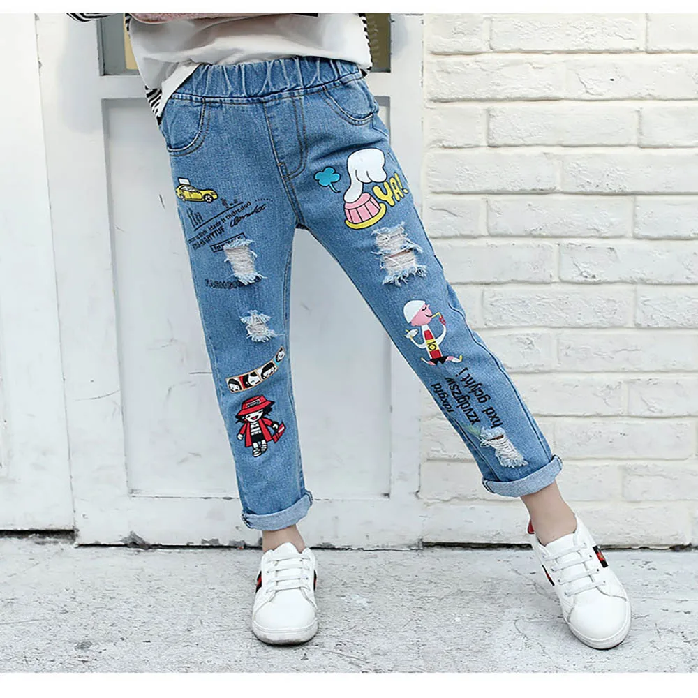 Рваные джинсы для девочек брюки модные джинсовые штаны подростков детская