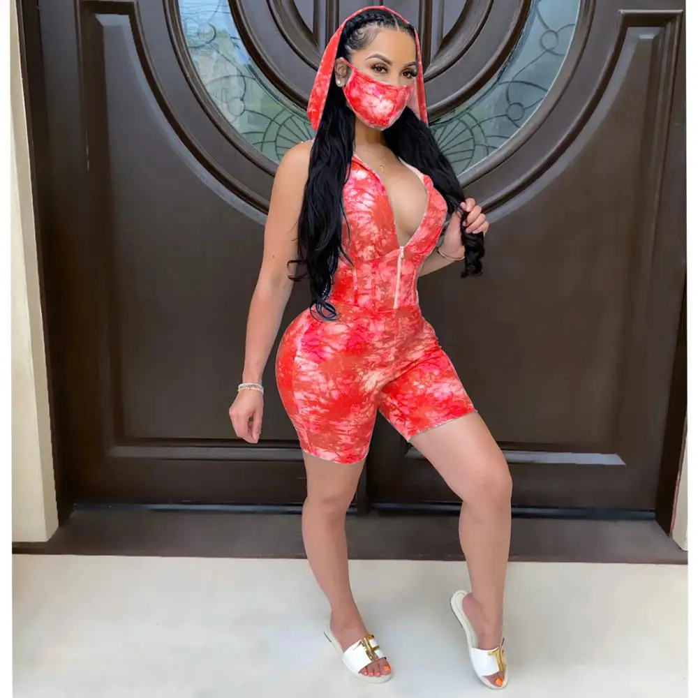 

Wjustforu Women Print Rompers Sexy Bodycon Tie-dye Vest Jumpsuit Summer Party Club Fashion Sleeveless Hooded Jumpsuit Outfits