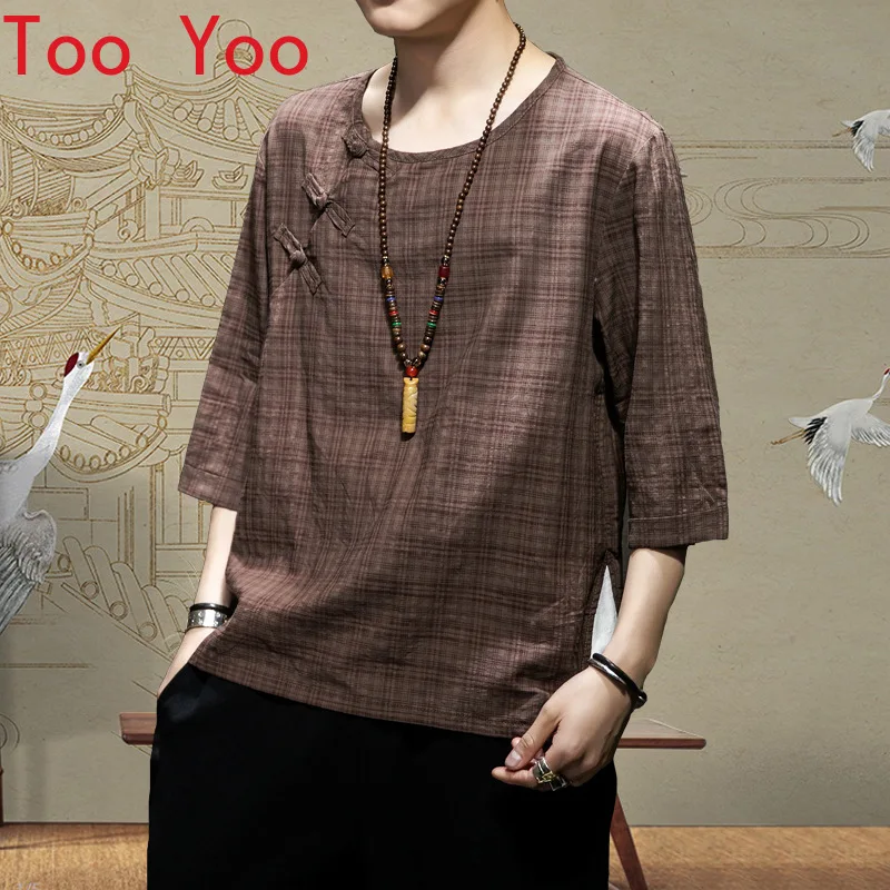 

Summer 2020 men's linen five-quarter sleeve plaid T-shirt large size V-neck swash plate button casual jumper retro t shirt