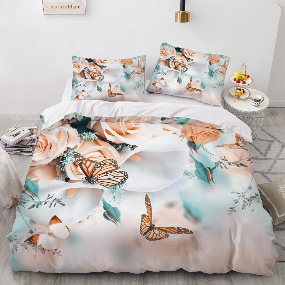 

Flower Comforther Covers Custom Design White Quilt Cover Sets Pillow Covers King Full Single Twin Size 3D Butterfly Bedding Set
