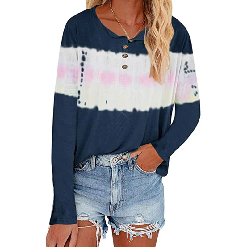 

New Autumn Fashion Tie Dye T Shirt Women Button Long Sleeve Oversized Tops Tshirt Casual O Neck Loose Streetwear Tee Shirt Femme