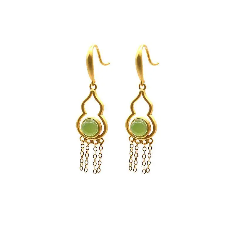 

Natural Hetian Jade Green Jade Small Calabash Earrings 925 Sterling Silver Jade Eardrops Ethnic Antique Tassel