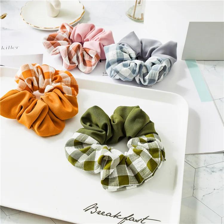 

Trendy Plaid Print Hair Scrunchies Colorful Women Classic Elastic Chiffon Rubber Band Vintage Round Hair Tie hair accessories
