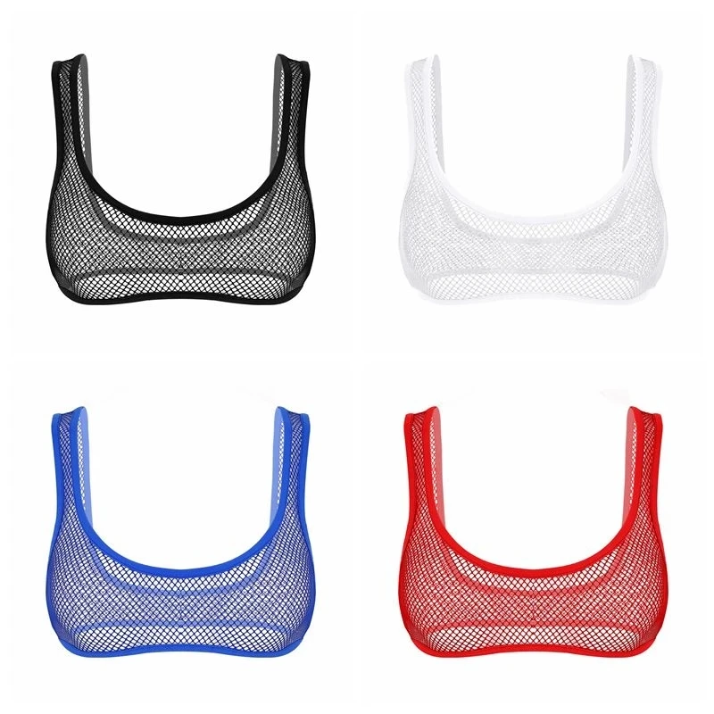 Camisola de lencer&iacute;a transparente para mujer, camiseta sin mangas de red calada con tirantes para el hombro, chaleco con escote en U, sujetador corto, ropa interior-2