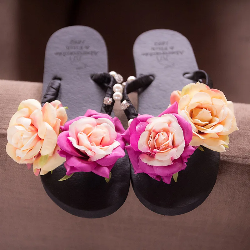 

3cm High Heel Women's Summer Pure Handmade Flower Sandals Beach Vacation Flip-flops Womens Slippers Indoor Flip Flops Women