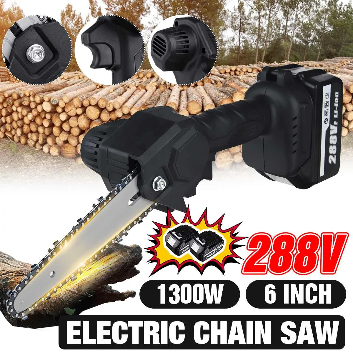 6 Inch 288V 3000W Mini Electric Chain Saw With 2 Battery Woodworking Pruning Saw One-handed Garden Logging Chainsaw Power Tool