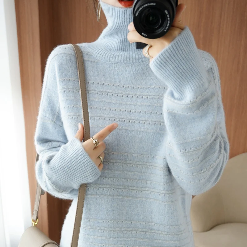 100% pure wool piles collar long-sleeved knit sweater female head spell color jacquard cashmere sweater casual fall and winter
