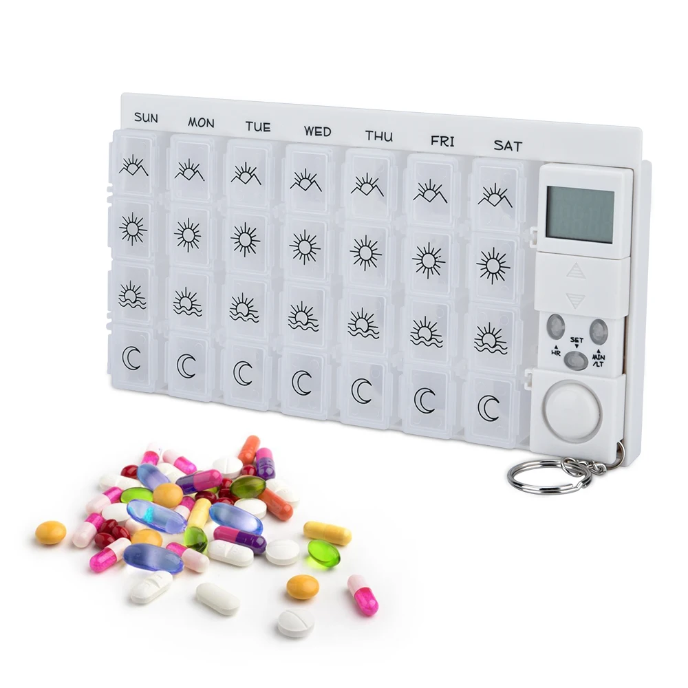 

7 Days Pill Box Portable Medicine Case Organizer LED Timer Reminder 28 Grids Weekly Tablets Storage Pill Dispenser Alarm Clock
