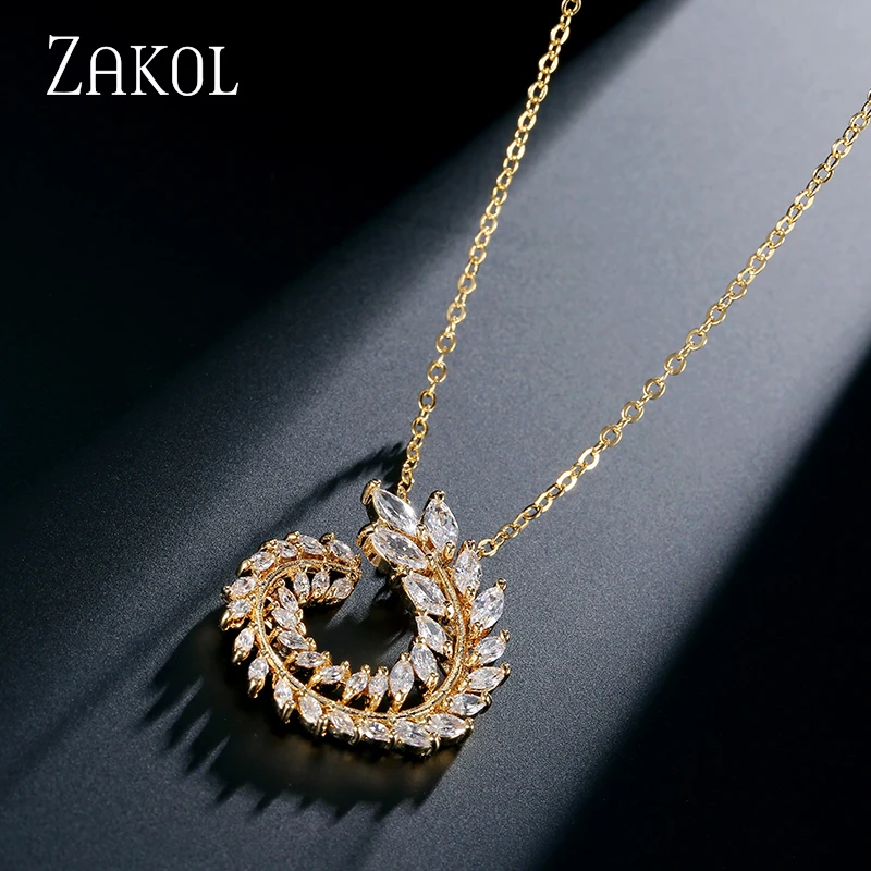 ZAKOL Trendy Leaf Shape Clear AAA+ CZ Zirconia White Color Pendants Necklaces for Women Wedding Party Jewelry FSNP062 | Украшения и