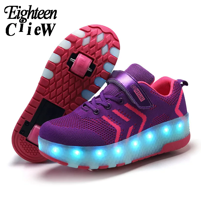 

Size 28-40 Children LED Glowing Sneakers USB Charging for Kids Luminous Shoes Kids Illuminated Sneakers with Two Wheels
