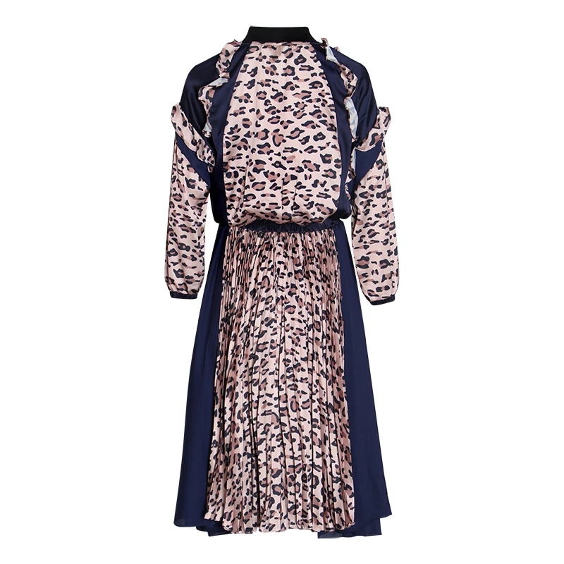 

TWOTWINSTYLE Leopard Hit Color Dress For Women Stand Collar High Waist Ruffle Dresses Female 2020 Autumn Winter Fashion New