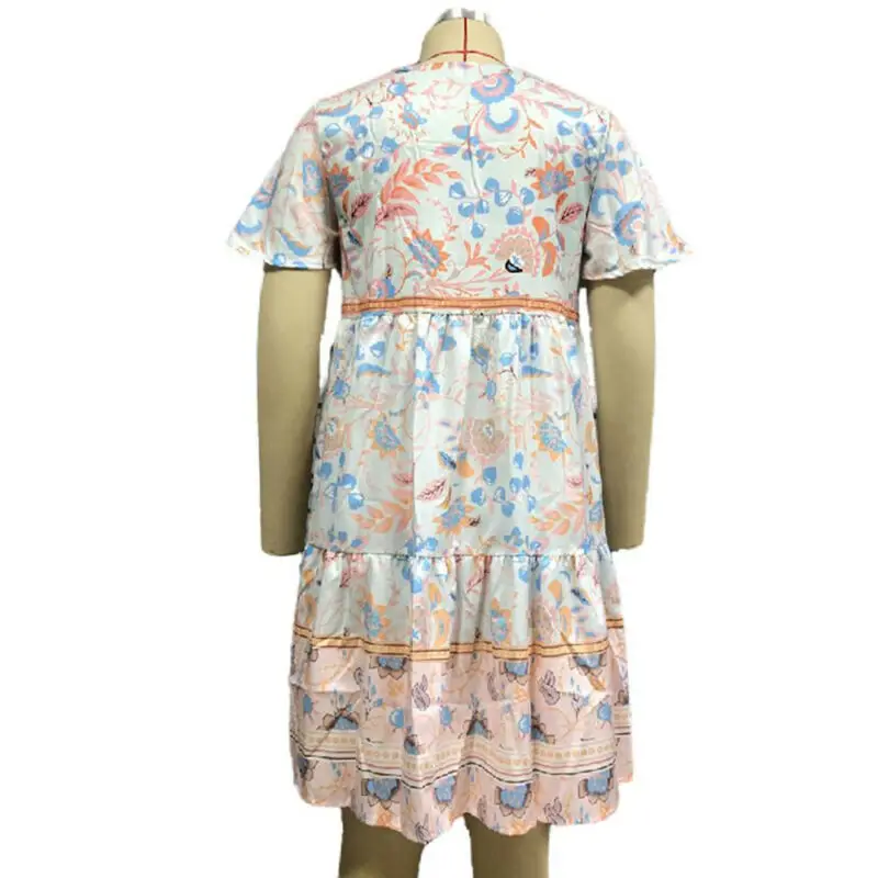 

Women Short Sundress Floral V-Neck Short Ruffle Sleeve Casual Loose Mini Dress