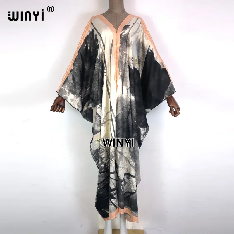 Женское винтажное платье макси WINYI, летнее платье с рукавом «летучая мышь», свободное Повседневное платье с принтом