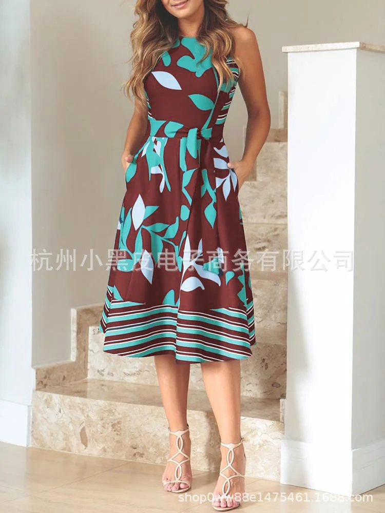 

2020 ladies fashion dress round neck sleeveless printed A-line printed princess dress with belt