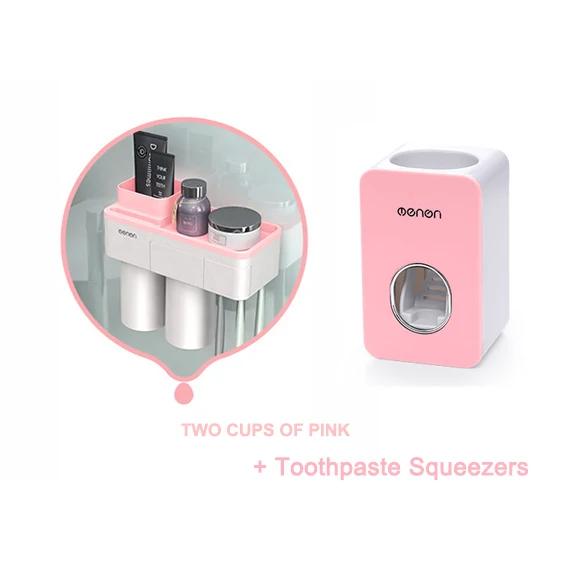 Two cup Set pink MSJO держатель для зубных щеток Автоматический Диспенсер для зубной пасты Магнитная Адсорбция перевернутый Телефон для хранения декора аксессуары для ванной комнаты Набор - Цвет: Two cup Set pink