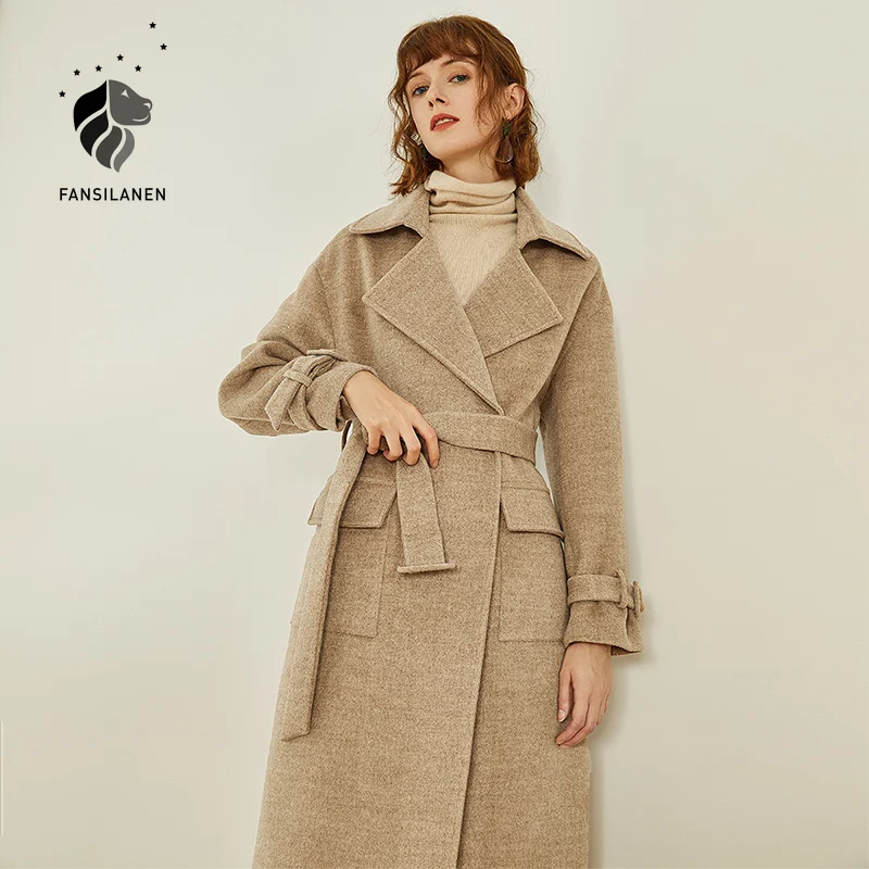 

FANSILANEN Wool Blend Long Women's Coat Autumn Winter Vintage Belt Wool Coat Jacket Elegant Pocket Female Woolen Overcoat 2020