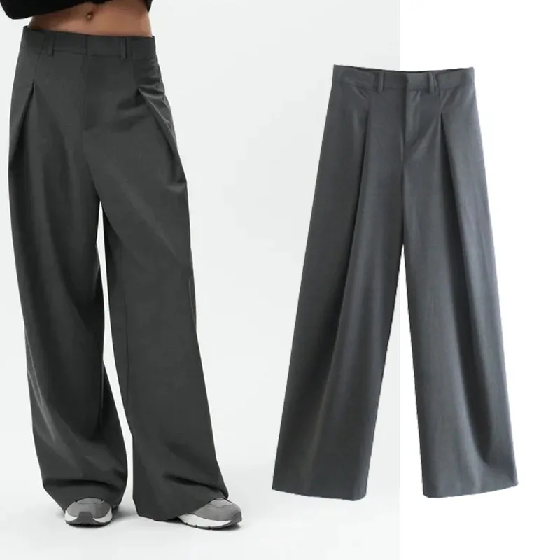 

Xypskh Za женские осенние новые модные серые плиссированные широкие брюки винтажные уличные стильные женские брюки на молнии с высокой талией