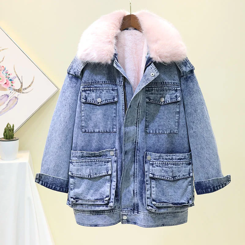 Зимняя парка джинсовая куртка женское толстое съемное плюшевое пальто барашек