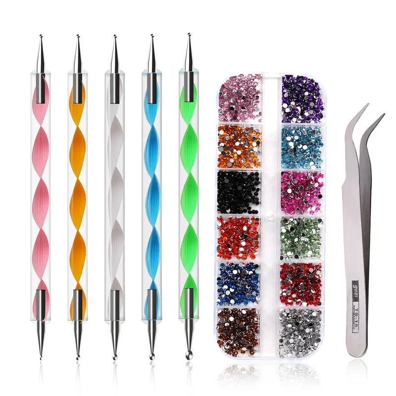 

Nail art Rhinestone Decoration Set With Curved Black Tweezer White Dual-ended White Silicone Sculpture Pen For Nail Art Tools